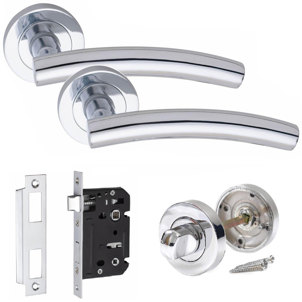 Golden Grace Polished Chrome Arched T-Bar Bathroom Door Handle with Thumbturn and Mortise Lock Image 1