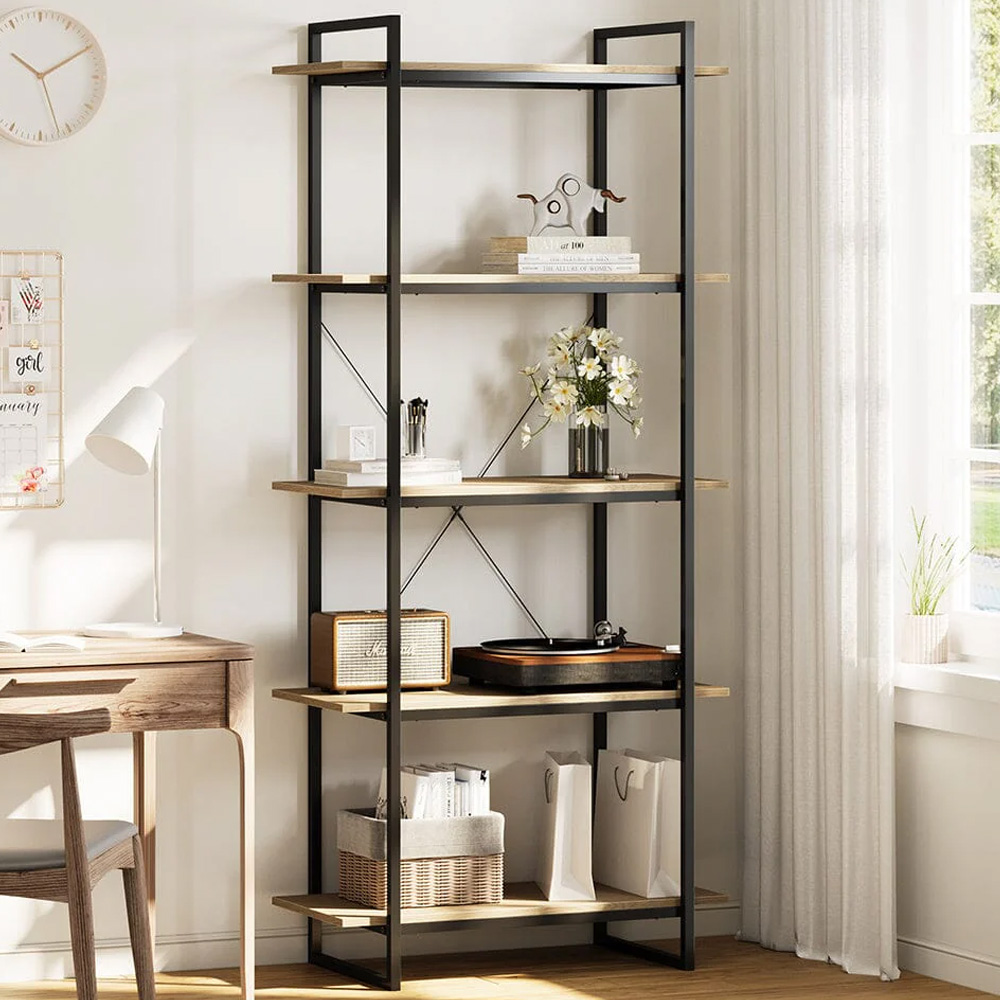 H&O Direct 5 Shelf Wood and Metal Industrial Bookshelf Image 1
