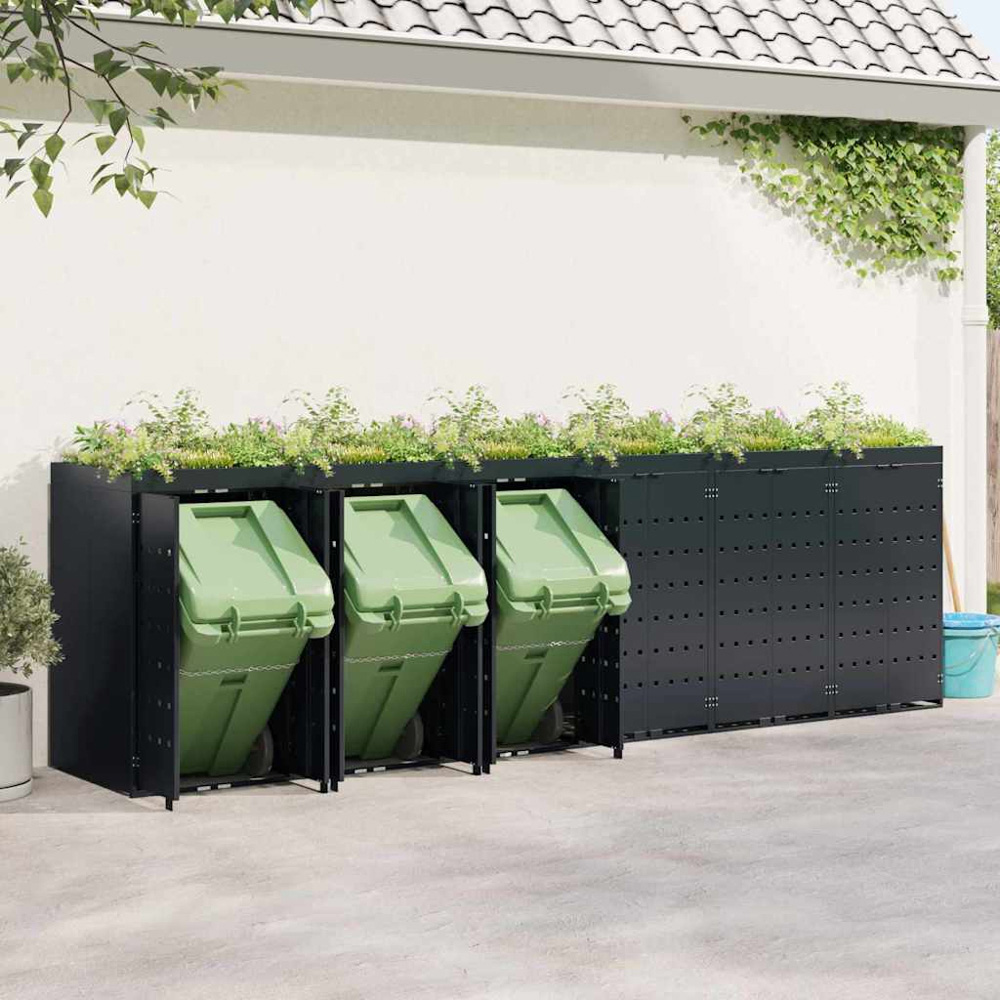 vidaXL Black 6 Wheelie Bin Storage Shed with Planter Roof Image 2