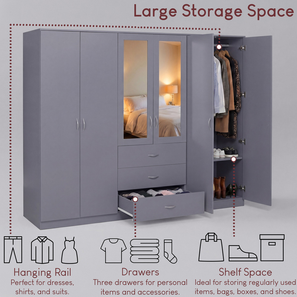 VIDA DESIGNS Riano 6 Door 3 Drawer Grey Mirrored Wardrobe Image 5