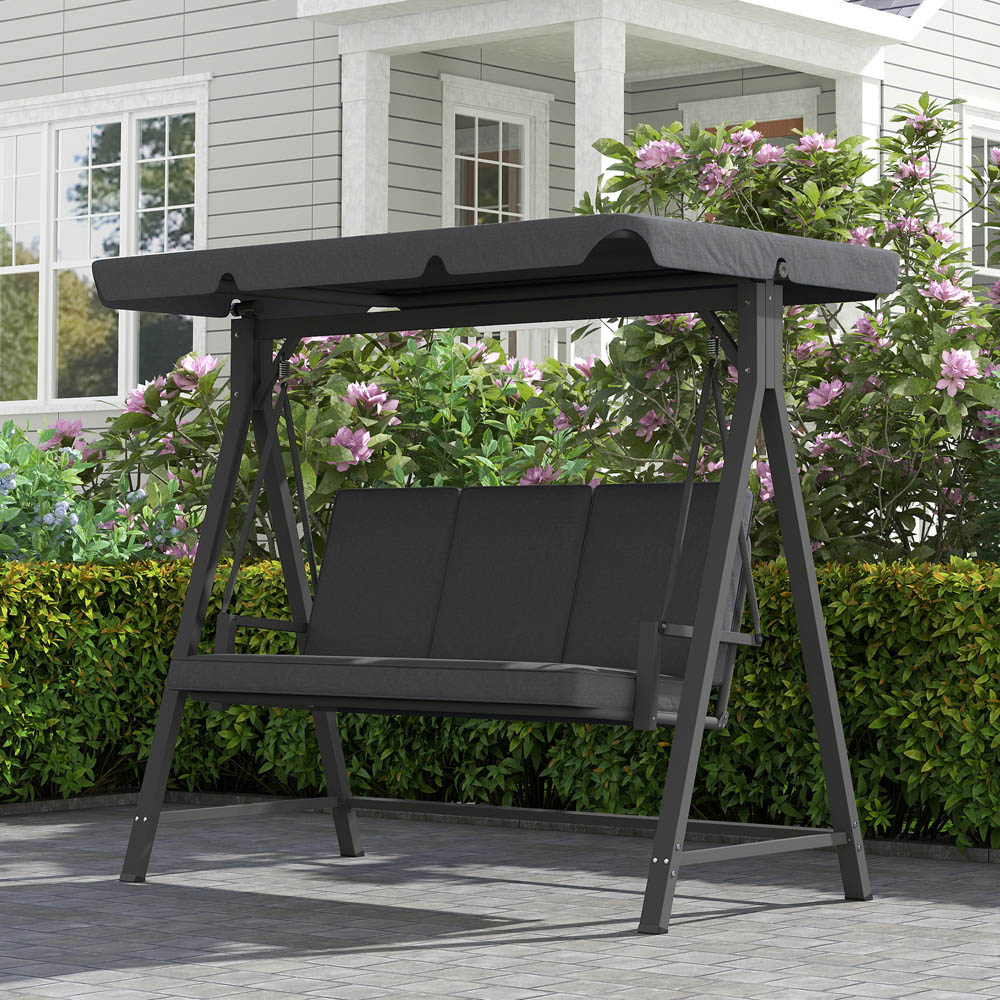 Outsunny 3 Seater Grey Garden Swing Bench with Adjustable Canopy and Cushion Image 5