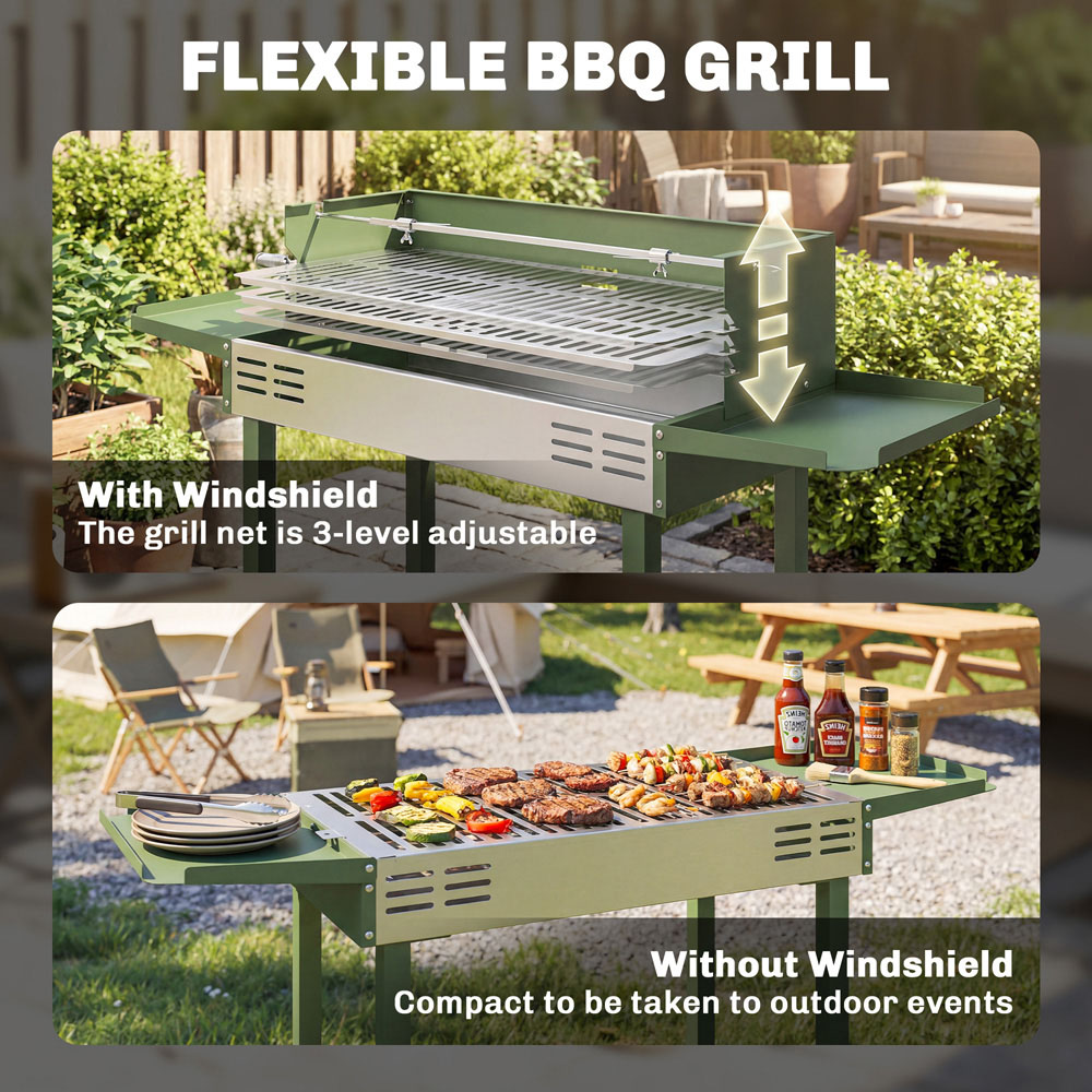 Outsunny Dark Green Charcoal Spit Roasting Machine with 3-Tier Grill Grate Image 4