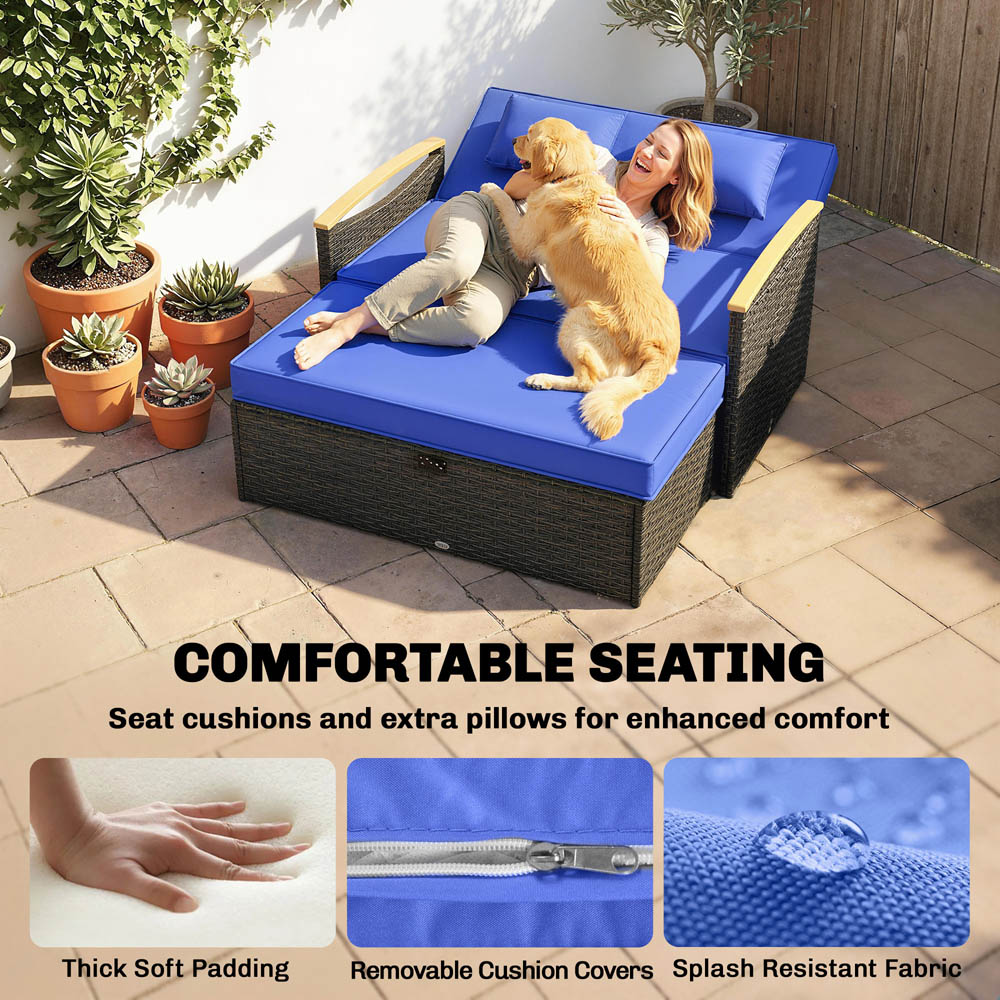 Outsunny 2 Seater Brown Garden Rattan Daybed with Ottoman Image 6