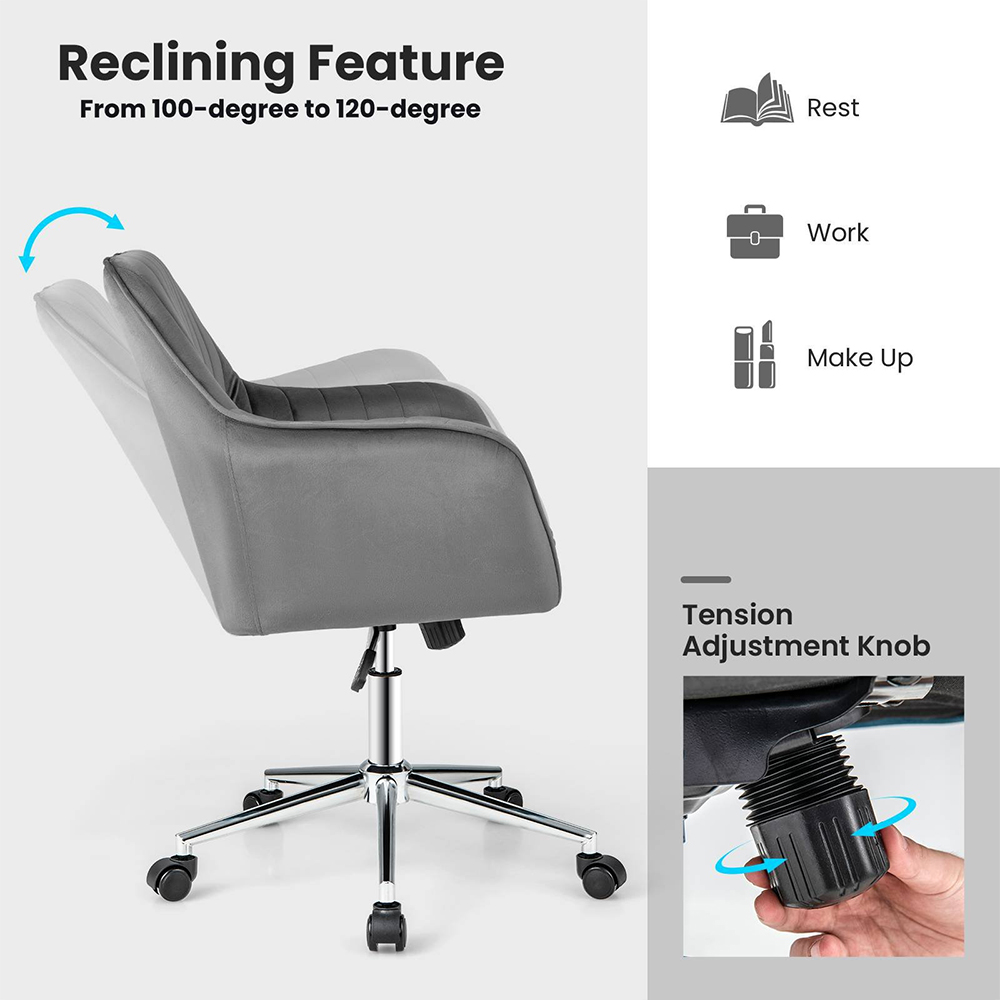 Costway Grey Velvet Adjustable Office Chair Image 8