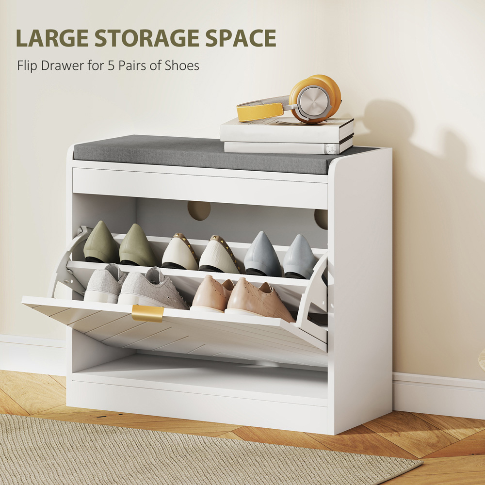 Portland Single Flip Drawer White Shoe Bench with Cushion Image 7