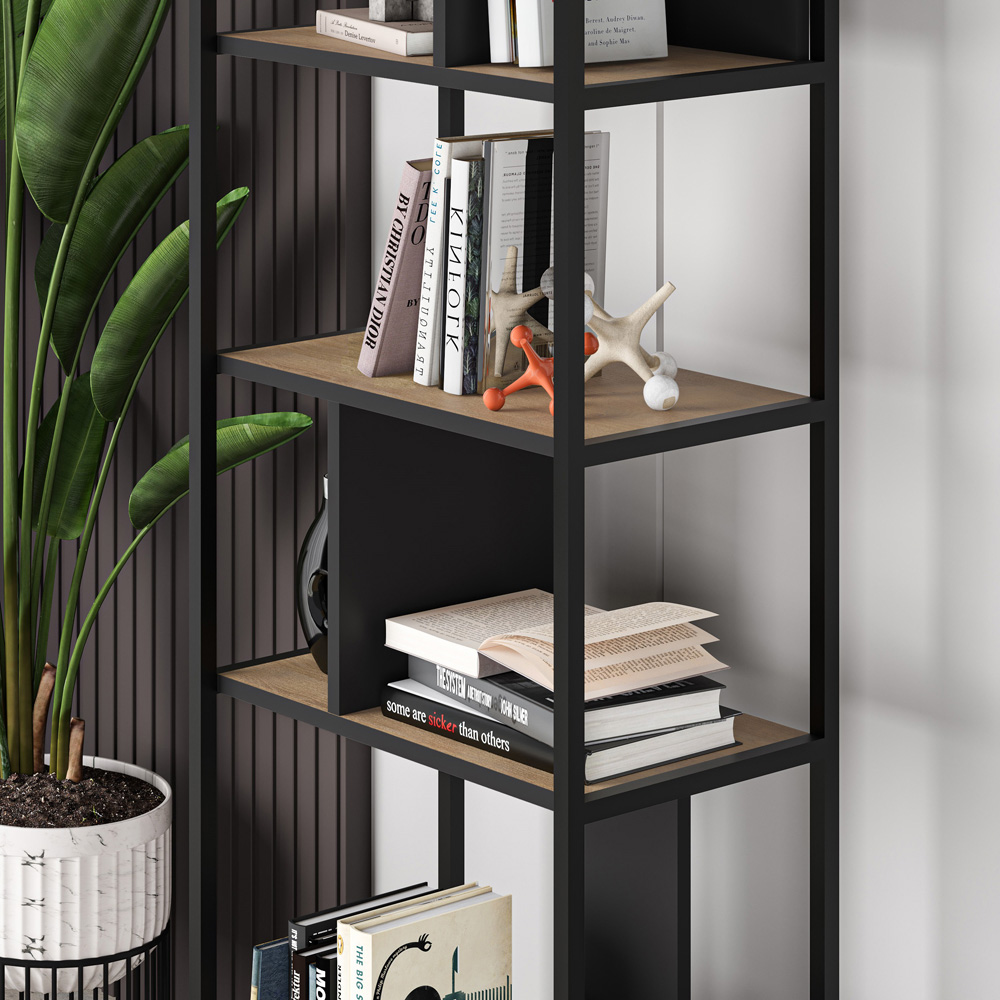 Decortie 5 Shelf Oak Silky Black Modern Mini Narrow Bookcase Image 3