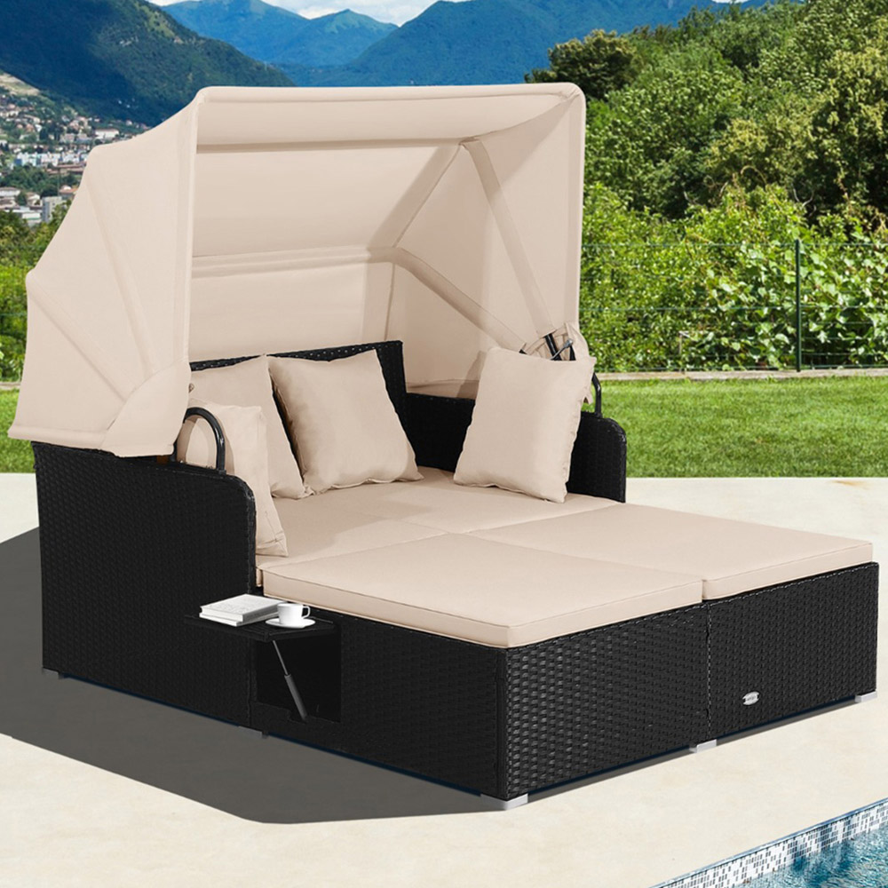 Costway Beige Rattan Garden Daybed with Retractable Canopy Image 1
