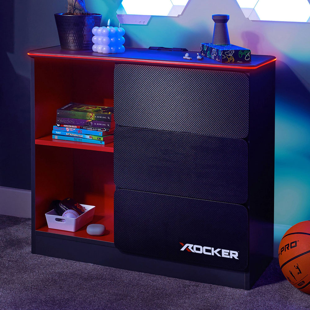 X Rocker Carbon-Tek 3 Drawer 2 Shelf Grey and Red Chest of Drawers with Neo Fibre LED Light Image 6