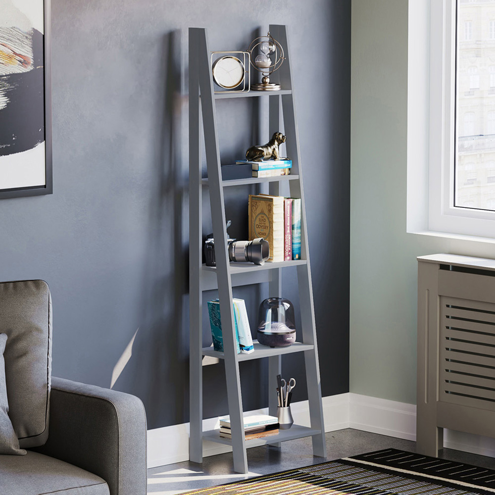 Vida Designs Bristol 5 Shelf Grey Ladder Bookcase Image 1