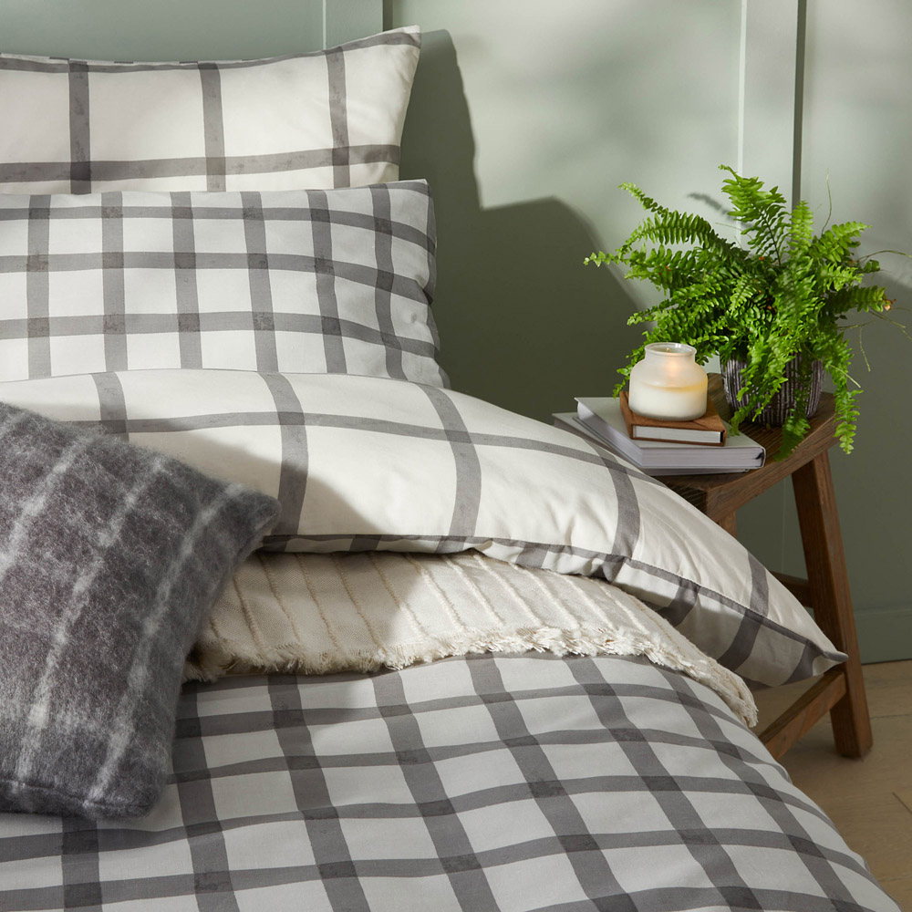 furn. Canberra King Size Grey and Neutral Check Printed Duvet Set Image 2