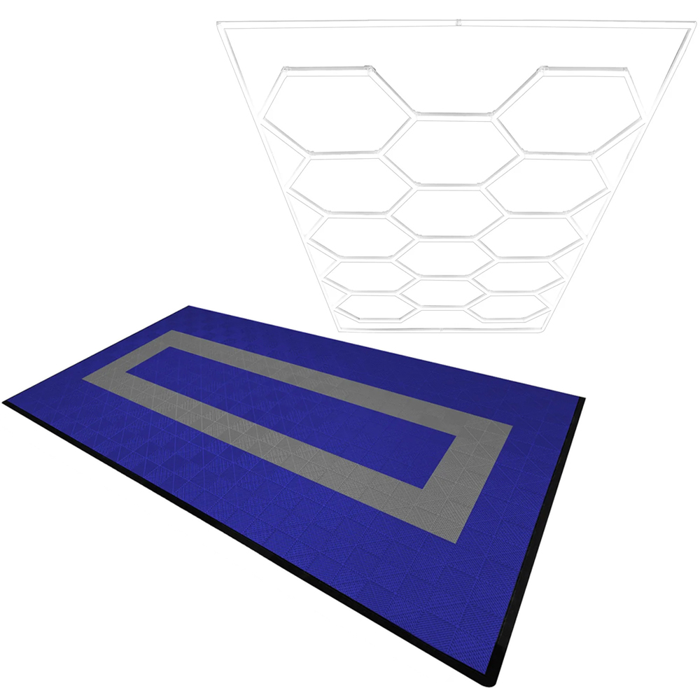 MonsterShop 90 Blue and 30 Grey Vented Garage Floor Tiles with Edges and 14 Hexagon LED Light Image 1