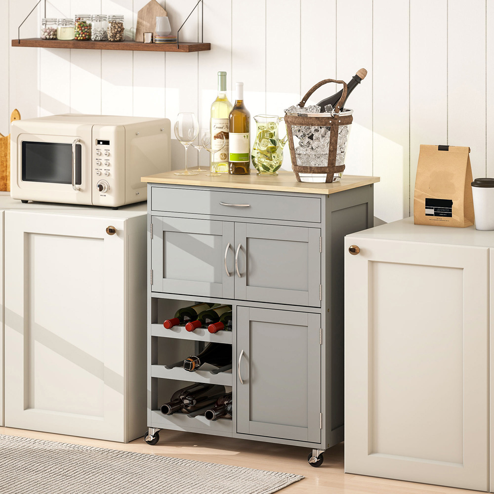 Portland 3 Door Single Drawer Grey Rolling Kitchen Island Trolley Image 7