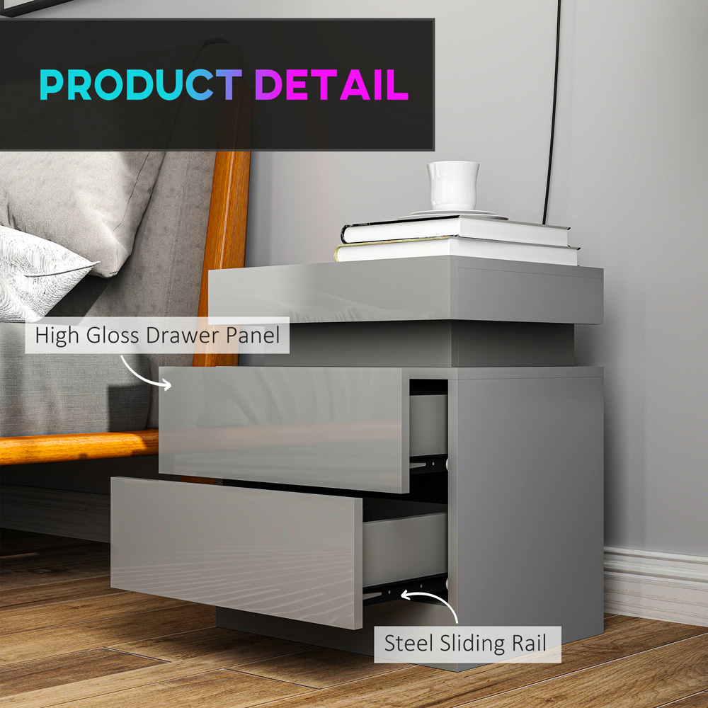 HOMCOM 2 Drawer Grey High Gloss Bedside Table with LED Light Image 6