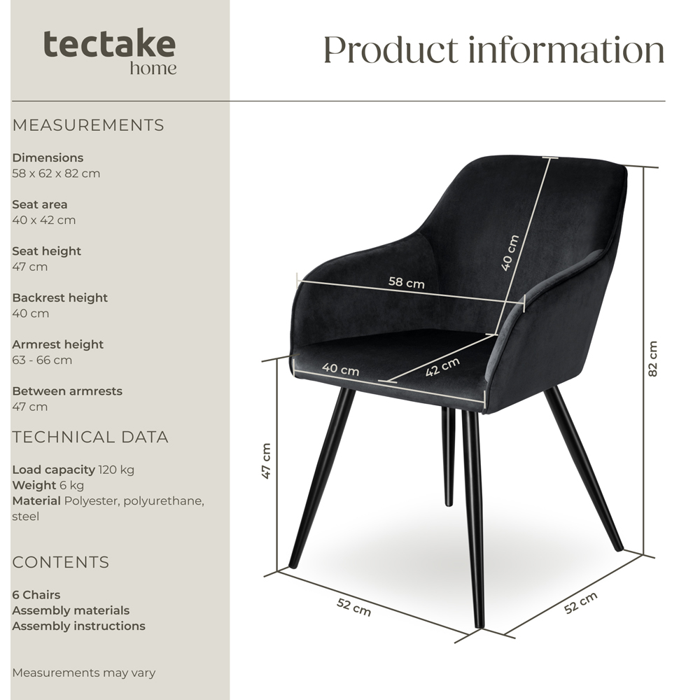 tectake Marilyn Set of 6 Black Velvet Look Padded Dining Chairs Image 9