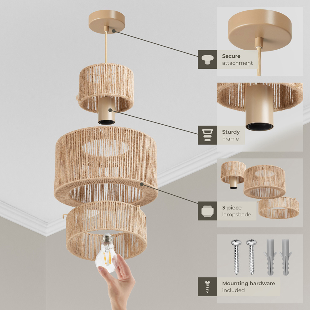 tectake Allegra 3-Tier Boho Chic Jute Fibre Pendant Light Image 3