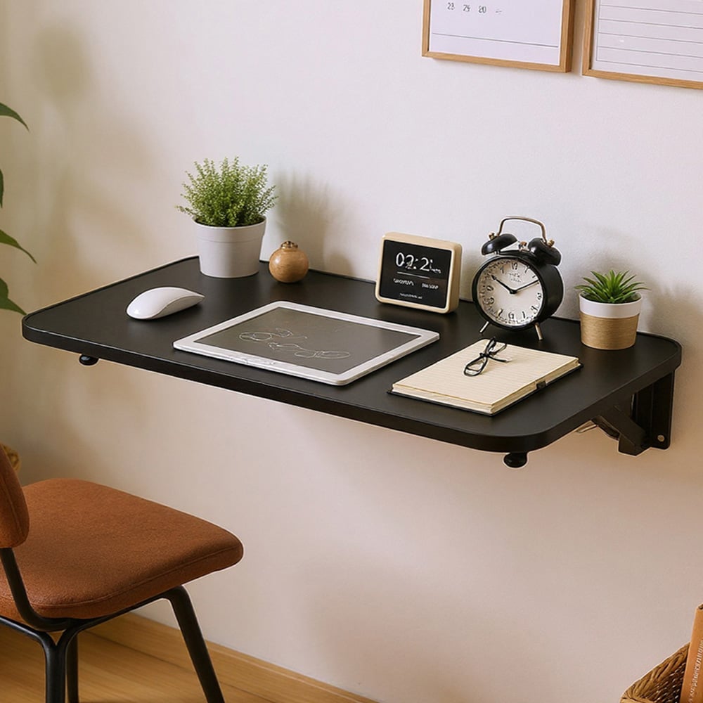 Living and Home Black Wall Mounted Folding Table with Iron Brackets 65 x 24cm Image 1