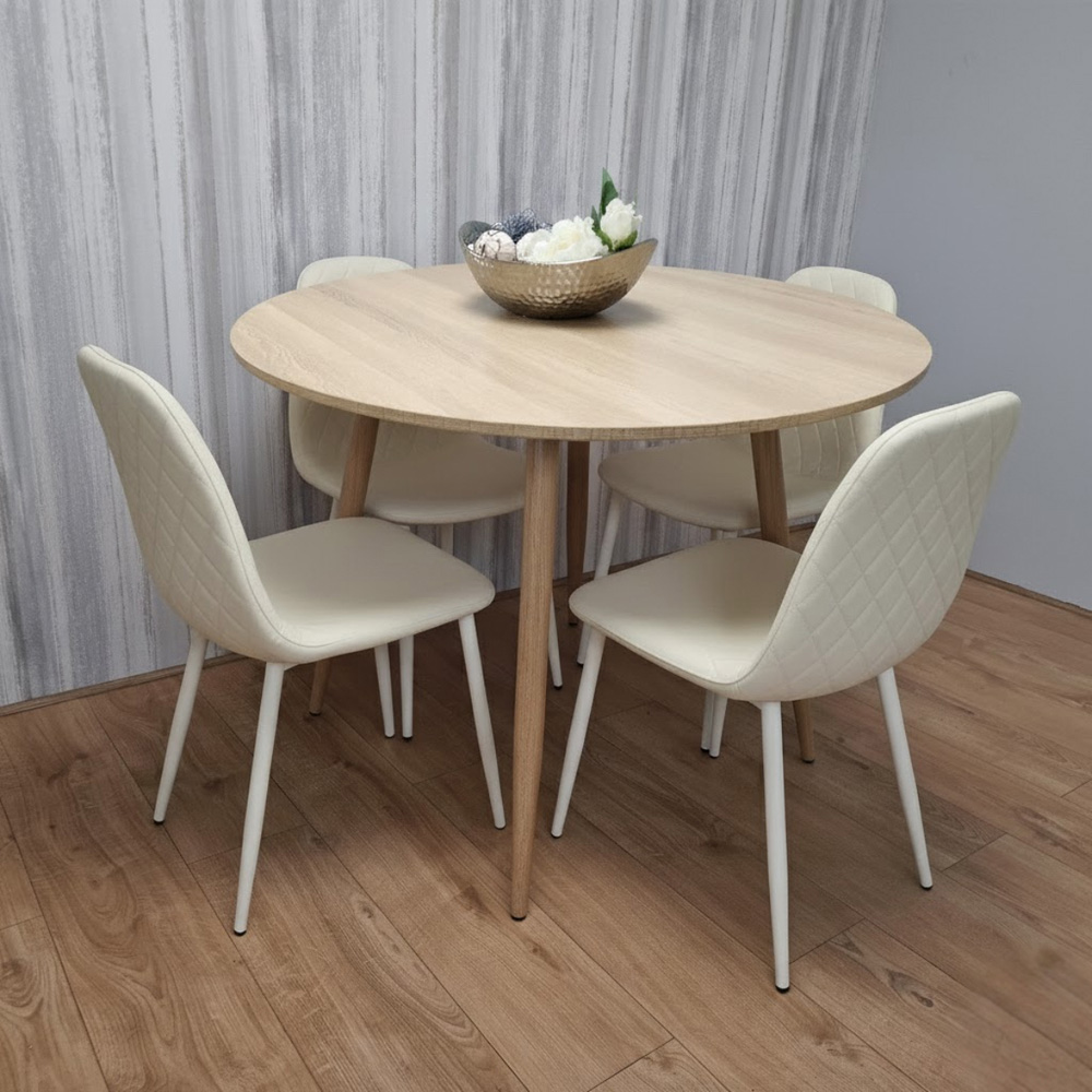 Kosy Koala 4 Seater Round Faux Leather Wooden Dining Set Cream Image 5
