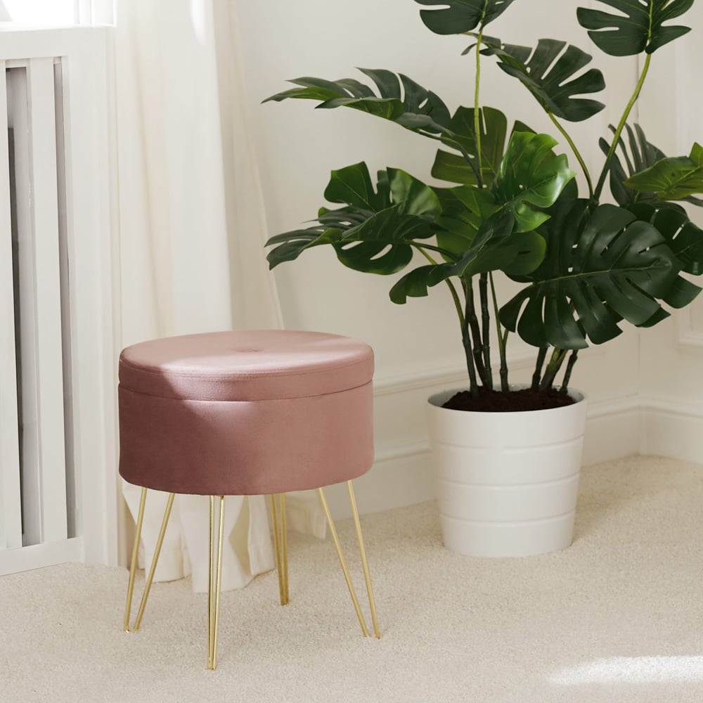 tectake Ava Turquoise Velvet Look Padded Round Stool with Storage Image 9