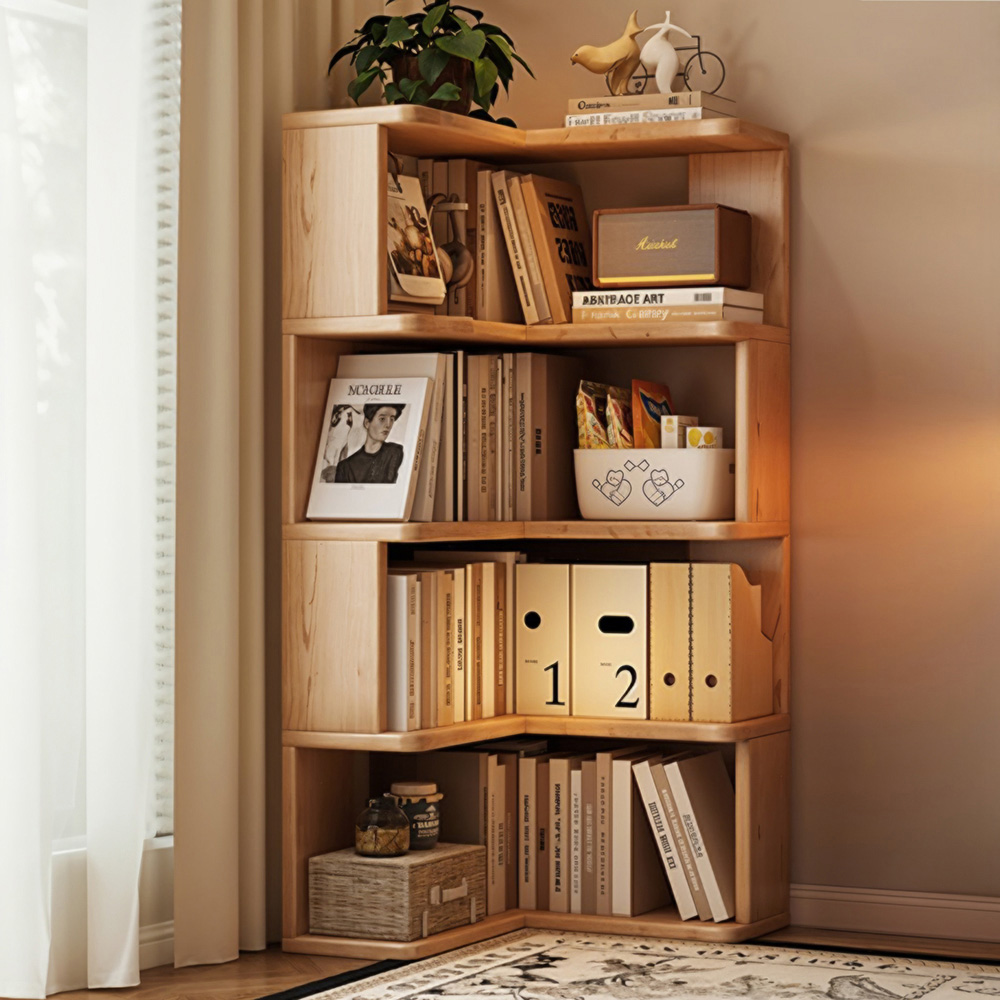 Living and Home 5 Shelf Natural Wooden L-Shaped Corner Bookshelf Image 8