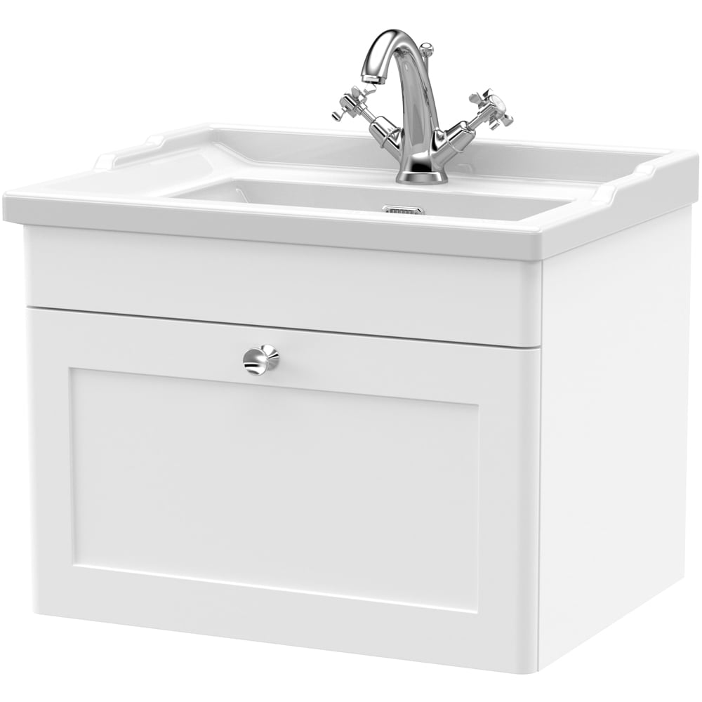 nuie Classique Single Drawer Satin White Wall Hung Unit and 1 Tap Hole Fireclay Basin 600mm Image 1