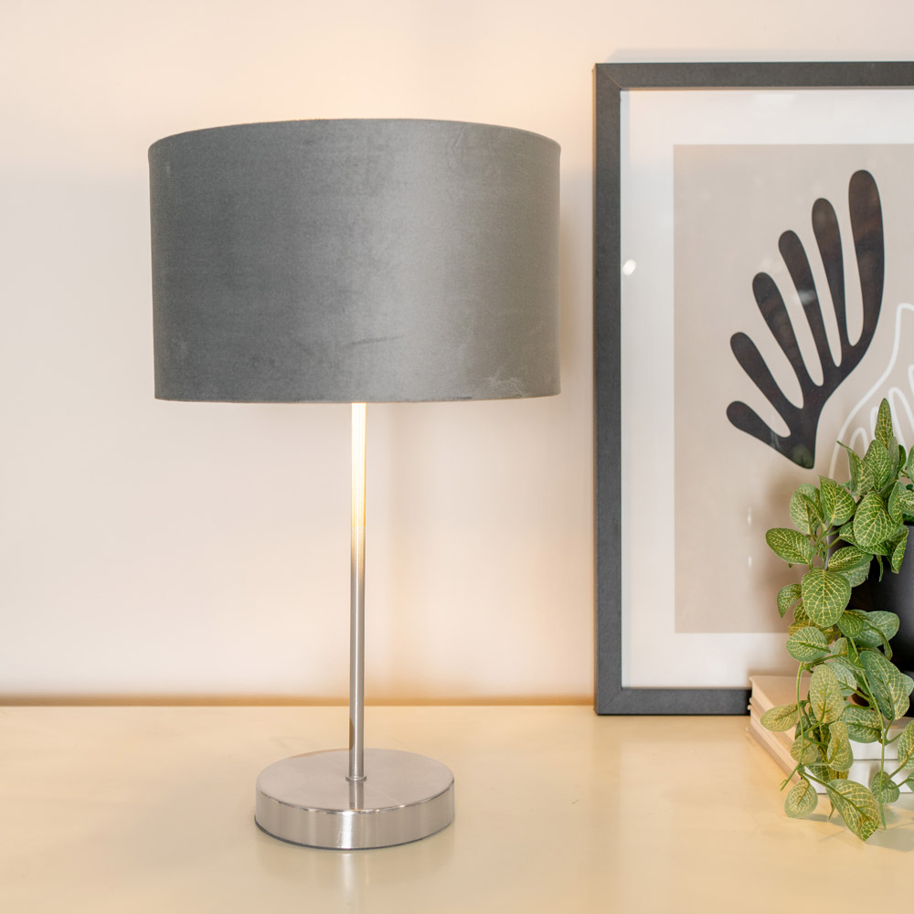 ValueLights Chrome Stem LED Table Lamp with Grey and Chrome Velvet Lamp Shade Image 3