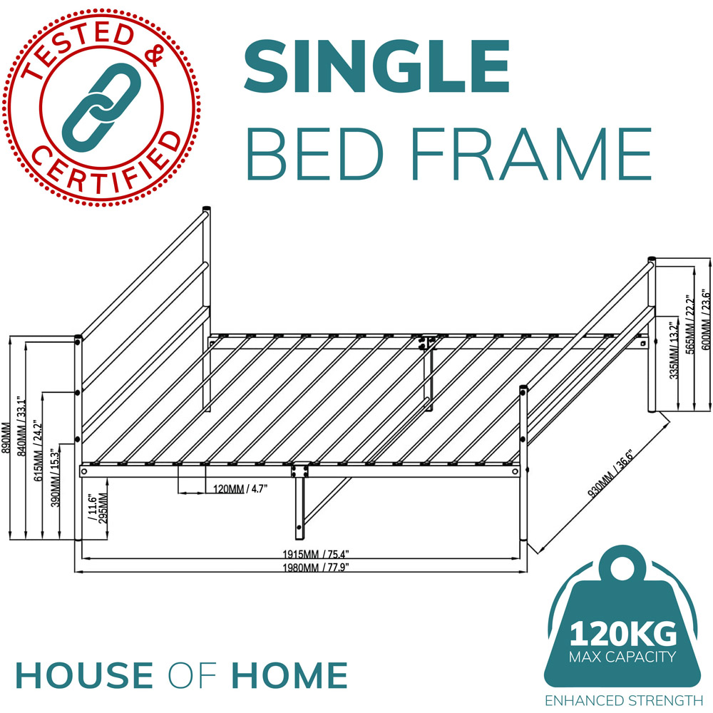 House Of Home Single White Extra Strong Metal Bed Frame Image 6