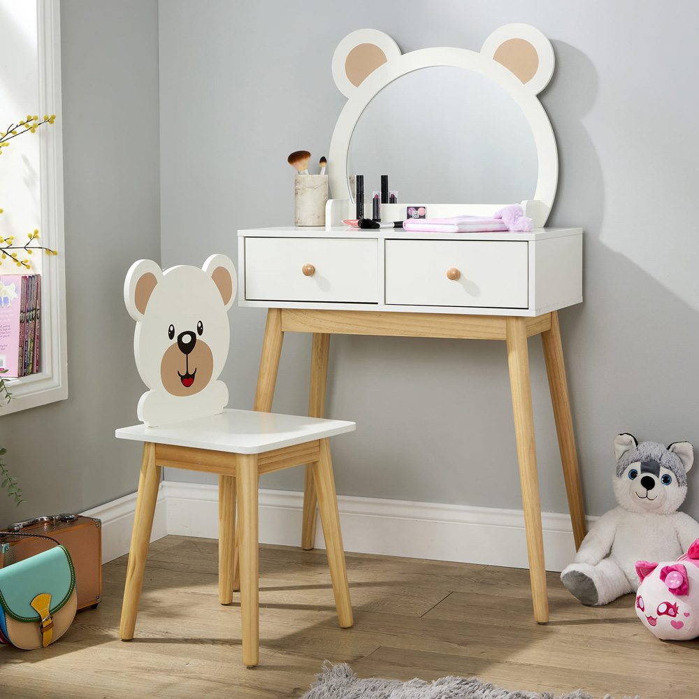 Home Source Ted 2 Drawer White Bear Design Kids Dressing Table Set with Mirror Image 4