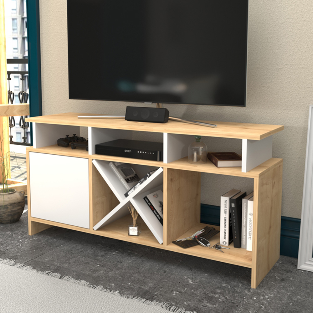 Decorotika Aurburn Single Door 8 Shelf Sapphire Oak and White TV Unit Image 1