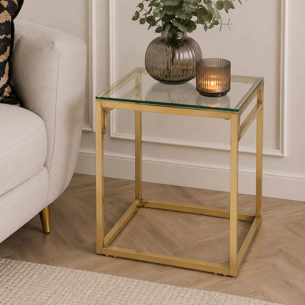 Premier Housewares Allure Gold Brushed Side Table with Tempered Glass Top Image 4