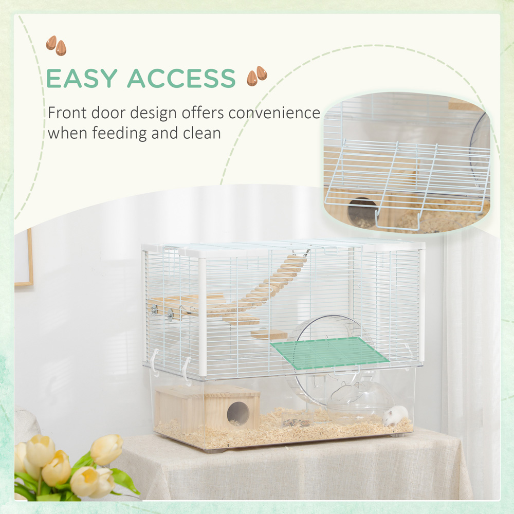 PawHut White and Natural Hamster Cage with Wooden Ramp and Exercise Wheel Image 6
