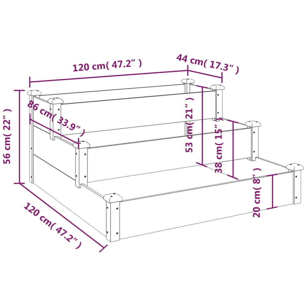 vidaXL 3-Tier Brown Solid Fir Wood Raised Garden Bed 56 x 120 x 120cm Image 6