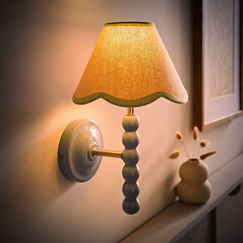 ValueLights Green Trim Scallop Shade Blue Bobbin LED Wall Light with Bulb Image 2