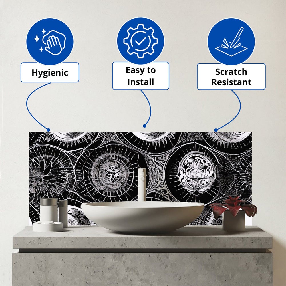 Warren Reed Designer Black White Moon and Sun Glass Bathroom Splashback 25 x 60cm Image 3