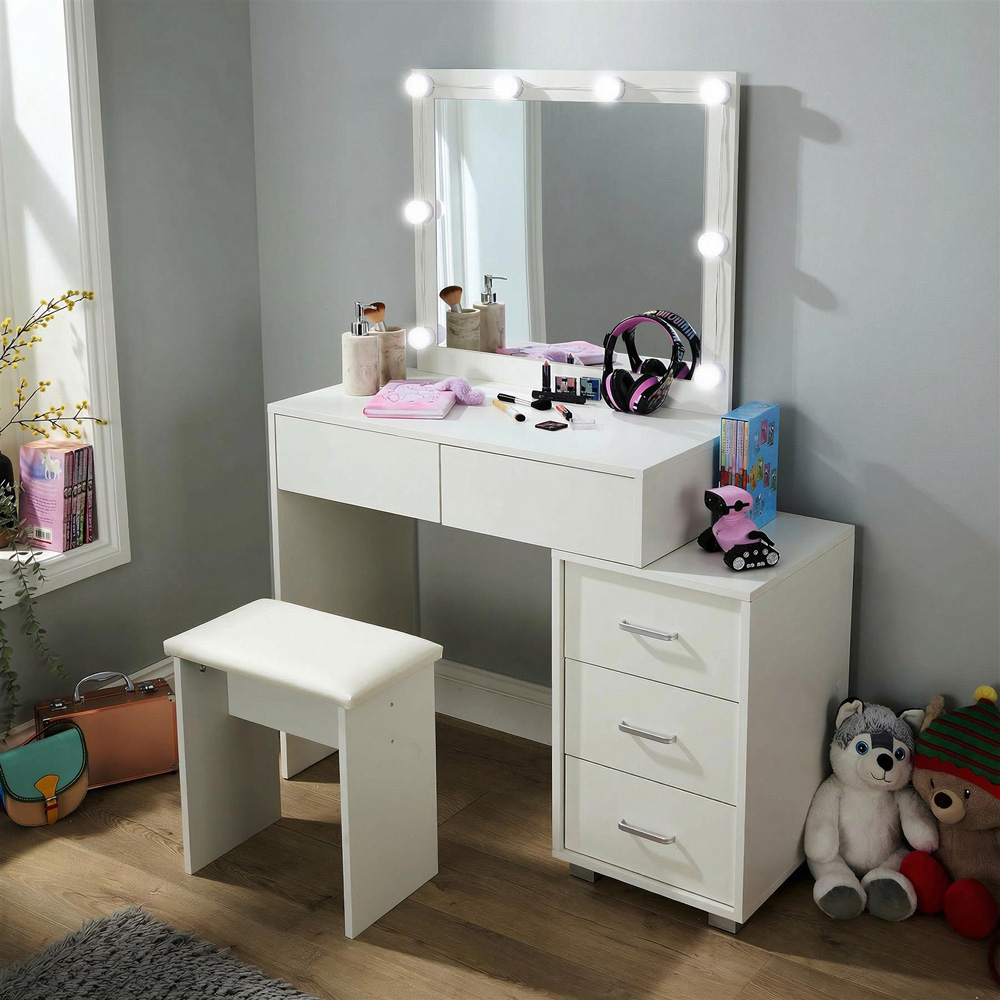 Home Source Vero 5 Drawer White Vanity Table and Cushioned Stool Set with LED Mirror Image 6