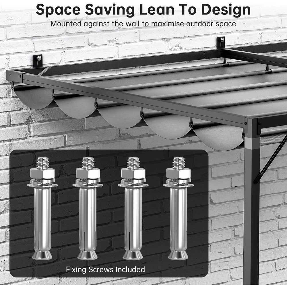 Rattrix 2.4 x 2.4m Grey Lean-to-Wall Metal Pergola with Retractable Canopy Image 6