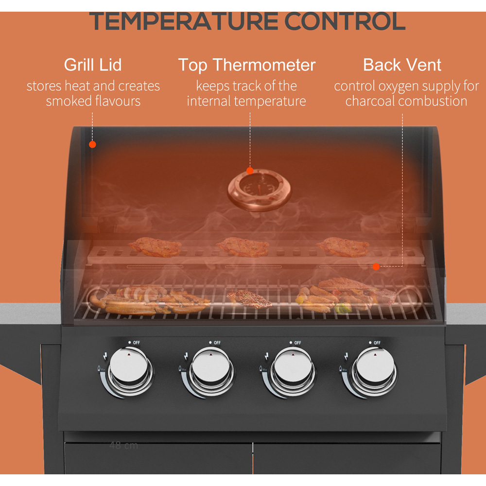 Outsunny Black 4 Burner Gas BBQ Grill with Side Shelves Image 5