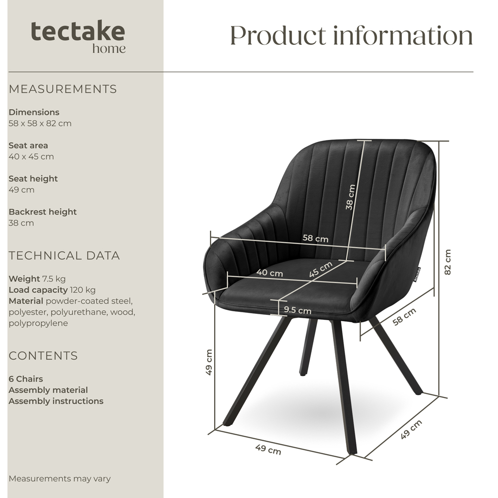 tectake Set of 6 Black Velvet Fabric Lounge Armchair Image 9