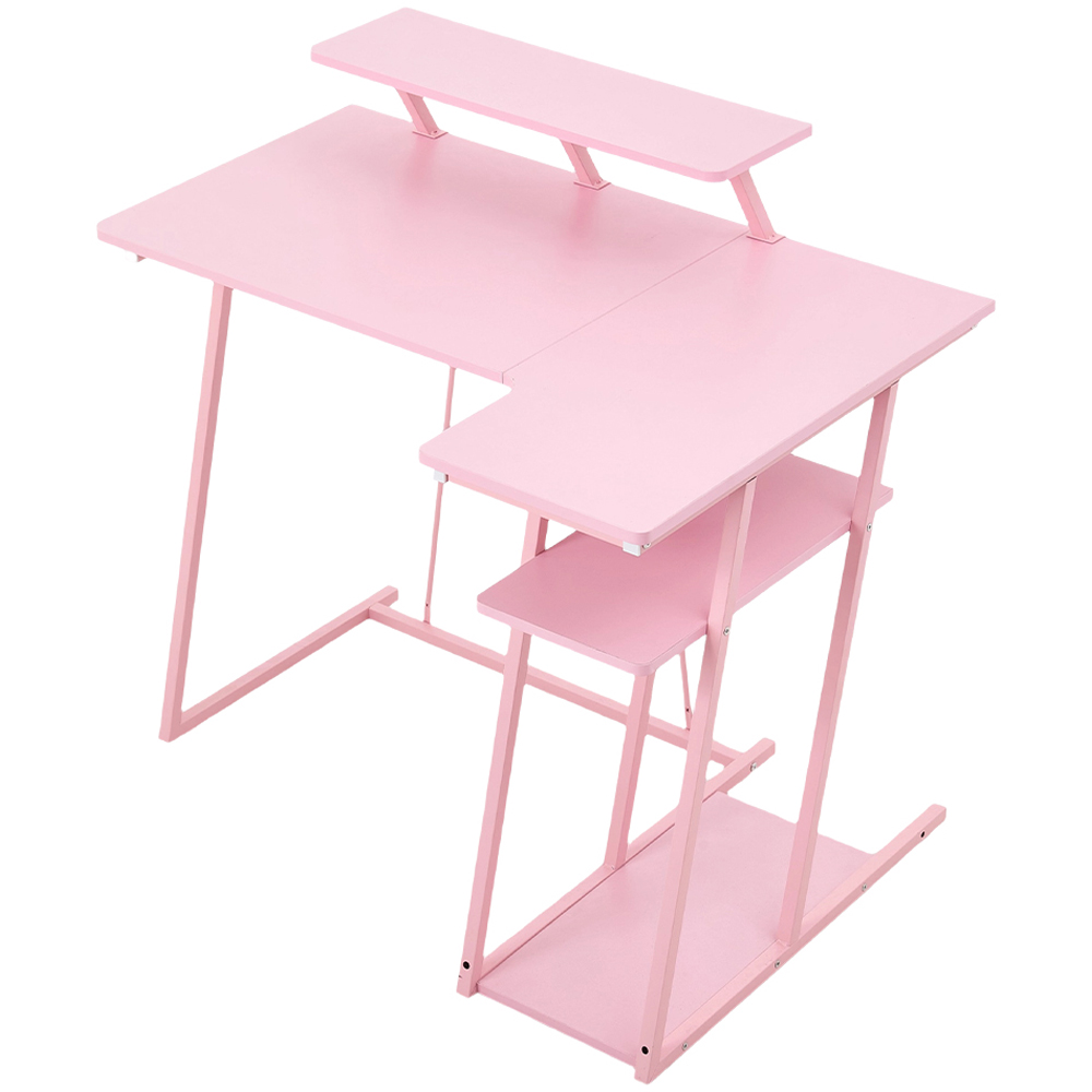 Living and Home Pink L-Shaped Gaming Desk with Monitor Stand and Shelf Image 2
