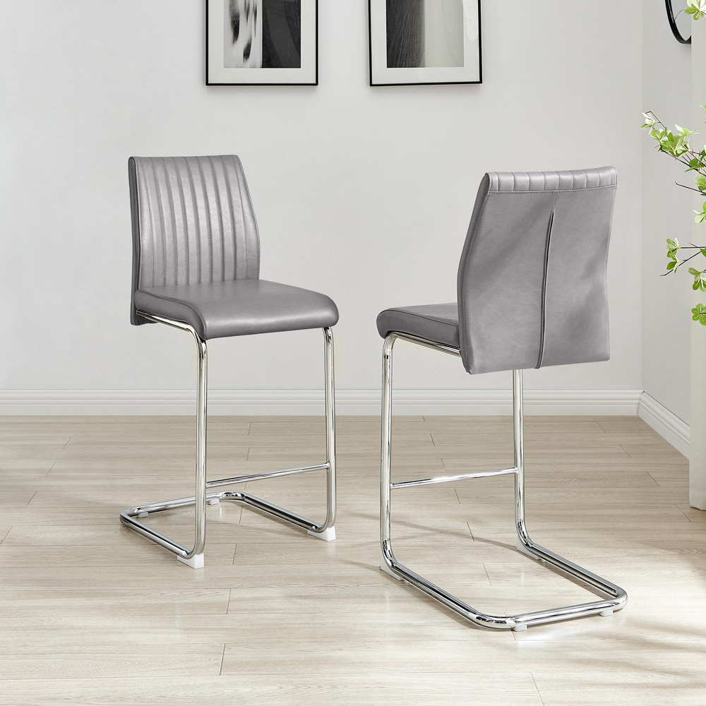 Furniturebox Fontana Elephant Grey and Silver Faux Leather Bar Chair Set of 2 Image 6