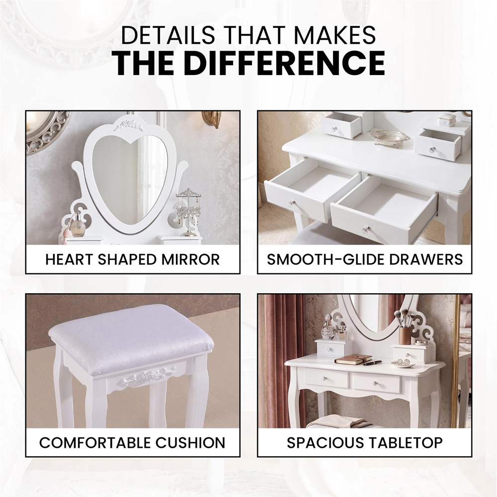 Portland 4 Drawer White Dressing Table Set with Mirror Image 7