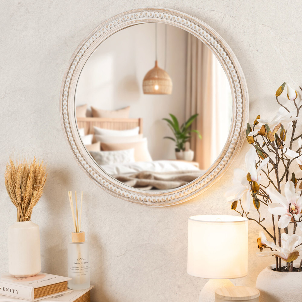 Light Washed Wood Round Beaded Mirror White Image 4