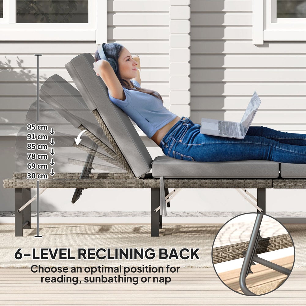 Outsunny Grey Cushion Rattan Adjustable Back Folding Sun Lounger Image 5