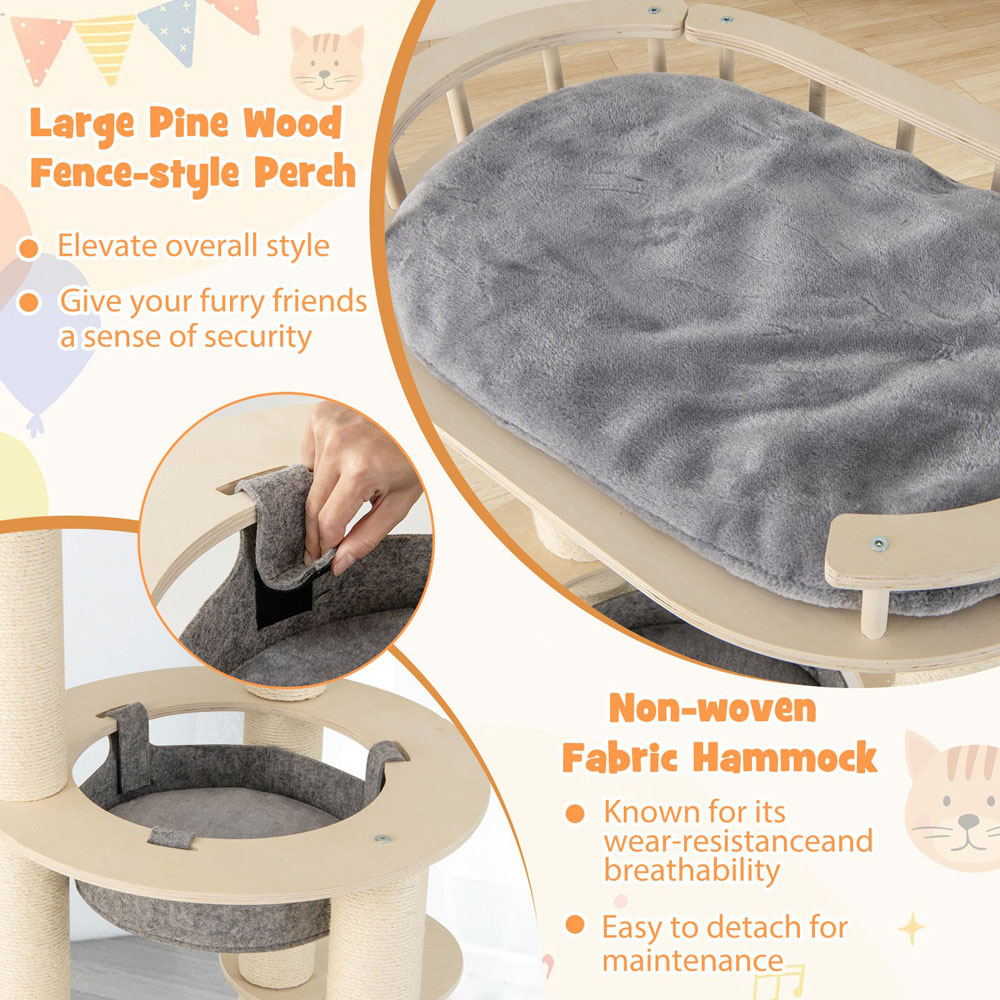 Costway Grey Wooden Multi Level Cat Tree with Top Perch 150cm Image 5