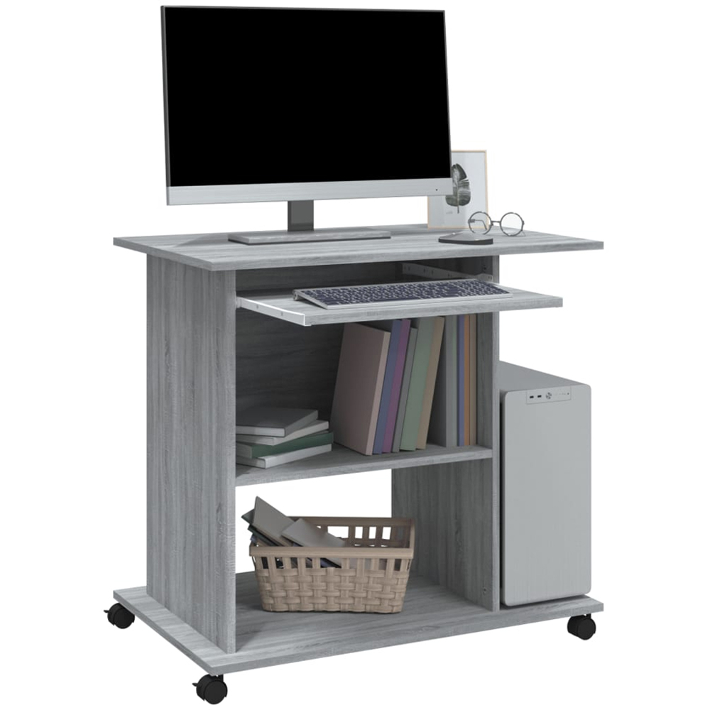 vidaXL 3 Shelf Movable Computer Desk with Keyboard Tray Grey Sonoma Image 4