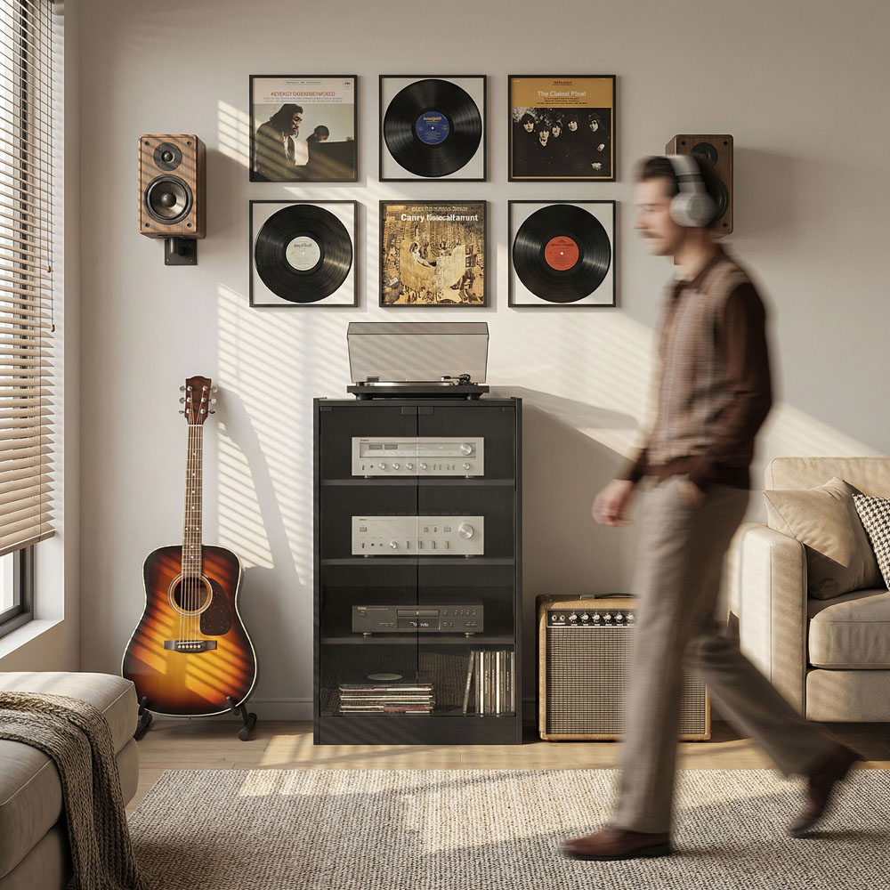 HOMCOM 4-Tier Black Wood-Effect Hi-Fi Stand with Adjustable Shelves Image 4