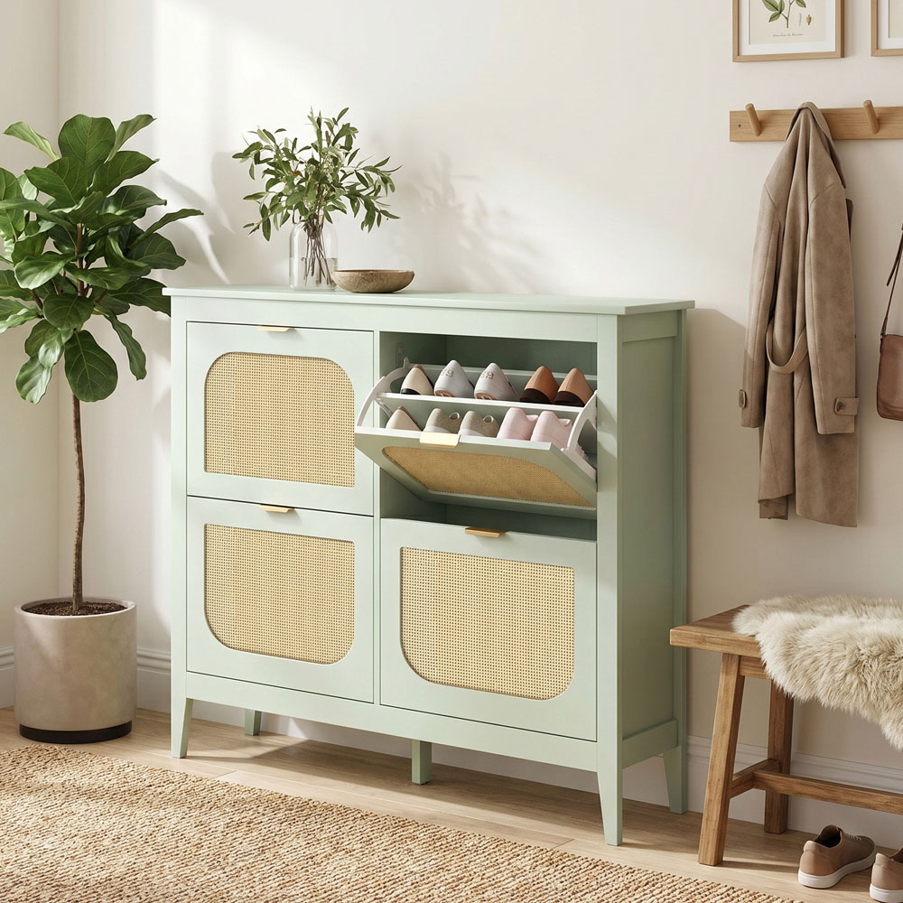 HOMCOM 4 Flip Door Green Rattan Boho-Style Slim Shoe Cabinet Image 4