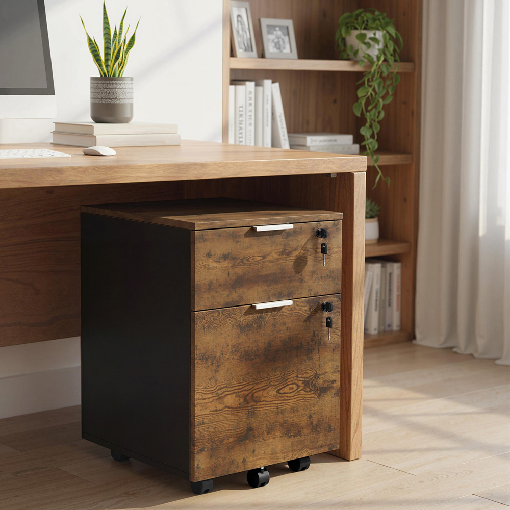 Portland 2 Drawer Rustic Brown Mobile Lockable Filing Cabinet with Keys Image 3