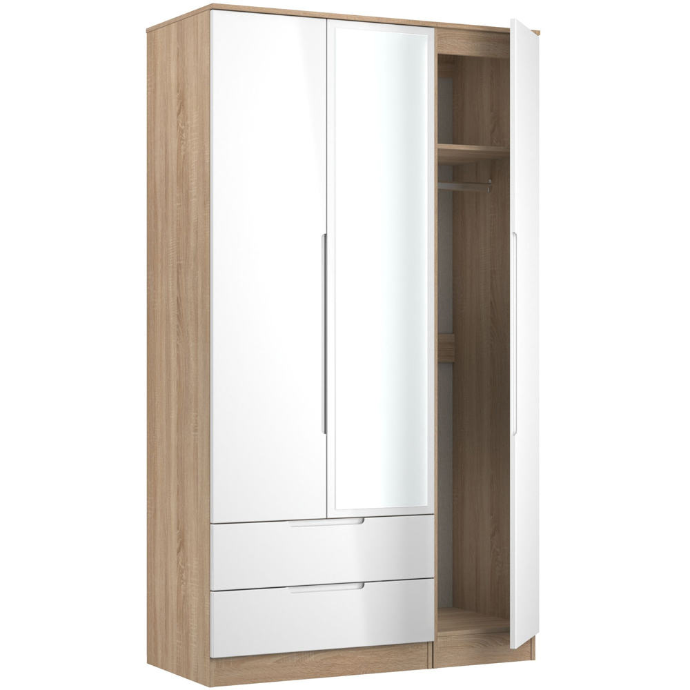 Crowndale Milan 3 Door 2 Drawer White Gloss Bardolino Oak Tall Mirrored Wardrobe Ready Assembled Image 7