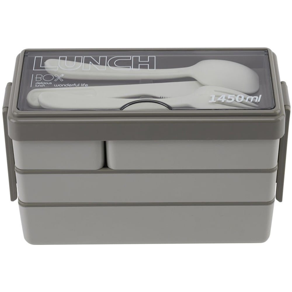 Living and Home Grey 3 Layer Plastic Bento Lunch Box with Cutlery Image 1
