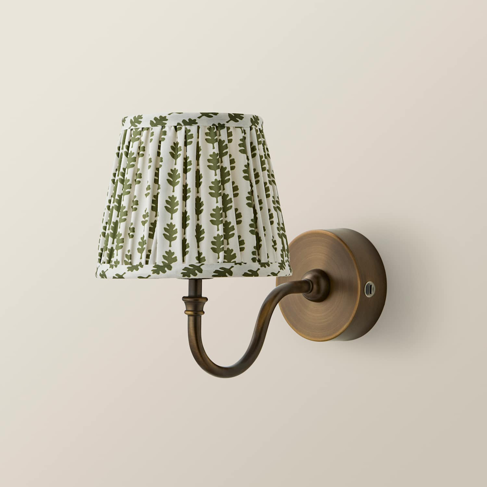 ValueLights Lowe Green Ditsy Floral Pleated Shade Brass Rechargeable Wall Light with Bulb Image 3